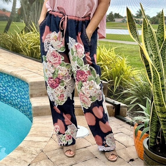 OOAK Linen Cotton Pants embroidered flowers lace bleached hearts Magnolia style